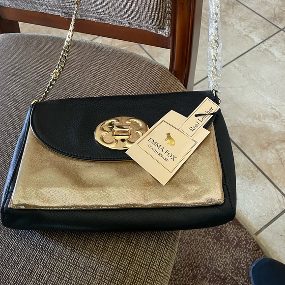 Emma Fox Leather Black and Shimmer Gold Crossbody NWT 10 X 6.5 - Picture 2 of 15